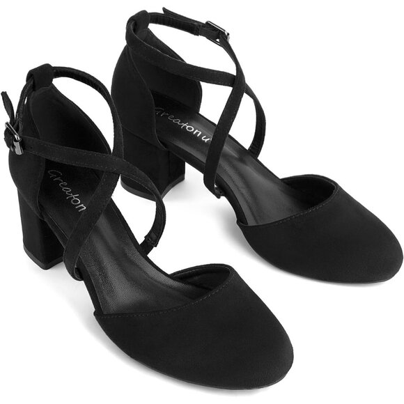 Women's Black Pu Synthetic Round Toe Cross Strap Low Block Heeled Dress Pumps - Picture 6 of 6